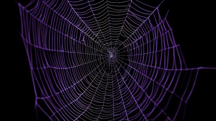 Detailed spider web isolated on black background with symmetrical threads and dewy silk strands, closeup macro pattern of natural arachnid web structure