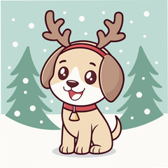 Cute cartoon puppy wearing reindeer antlers a Christmas collar in a snowy forest