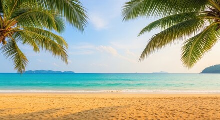 Tropical paradise beach scene with palm trees and turquoise ocean waters