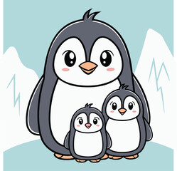 Adorable cartoon family penguins in a snowy landscape with icy mountains cute Christmas