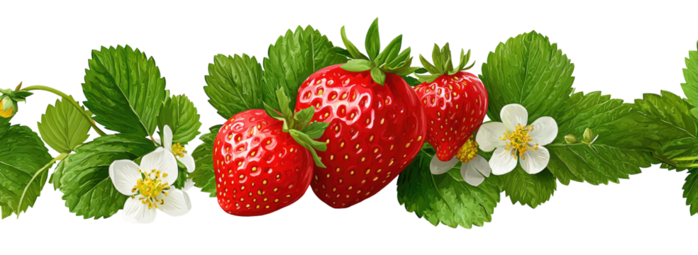 Fresh strawberries with leaves and flowers