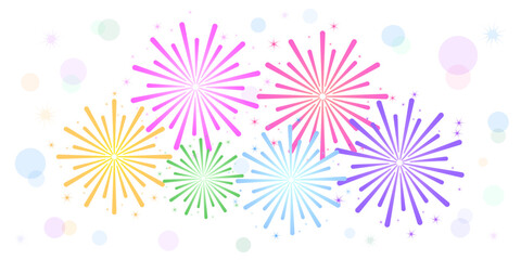 Colorful fireworks explosion with sparkling stars and glitter bursts on white background. Festive vector illustration for celebration, New Year, birthday, party, holiday, event or festival design.