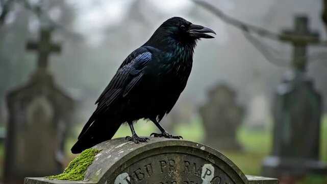 Black crow perched on tombstone in a cemetery with overcast skies