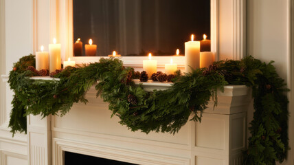 Festive fireplace mantel with lit candles and evergreen garland a cozy holiday decoration for a warm and inviting home