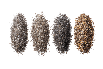 Four oval-shaped piles of seeds, varying shades of gray and brown, arranged horizontally against a black background.  Each pile is densely packed, with seeds visible throughout