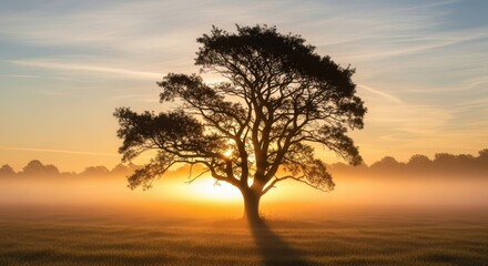 Obraz premium Solitary tree silhouetted against golden sunrise sky with gentle morning mist