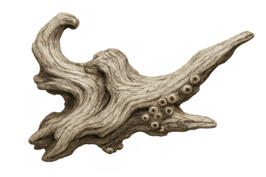 Weathered driftwood root resembling a fantastical tentacle with organic suction cup shapes on transparent background - Powered by Adobe
