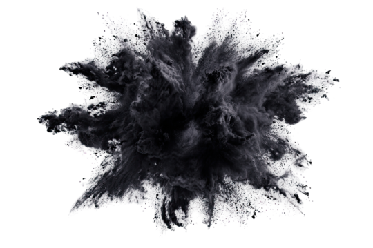Dark gray, abstract explosion.  A central burst of dark gray/black powder or ink, radiating outward in a starburst pattern.  Soft, irregular edges