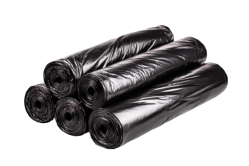Stack of black plastic garbage bags rolled into cylinders
