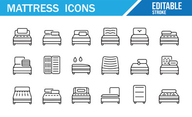 Line Art Mattress and Bed Icons Set – Vector Symbols for Comfort and Bedroom Design