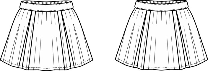 Pleated skirt technical drawing, fashion flat illustration, waistband detail, sewing pattern sketch, garment design vector, clothing template, line art