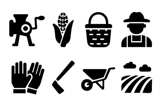 Family Farming Icons. Family farming. Filled icon set of family farming: hand-cranked corn sheller, corn cob,