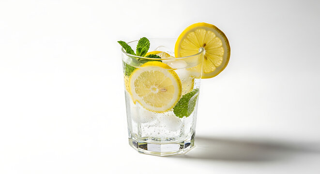 A refreshing glass of water with lemon slices and mint sprigs on a white background in studio light