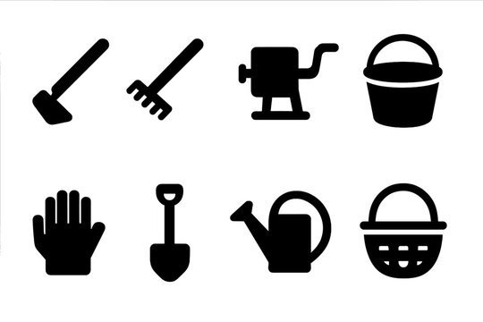 Field Tools Icons. Field tools. Filled icon set of field tools: hoe, rake, hand-cranked sheller, bucket,