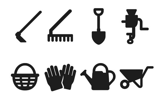 Agricultural Tools Icons. Agricultural tools. Filled icon set of agricultural tools: hoe, rake, shovel,