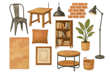 Watercolor Loft Decor Stickers. Industrial loft decor. Realistic hand-painted watercolor style sticker sheet