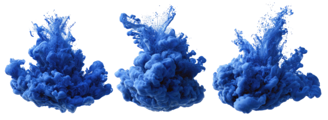 Three vibrant, swirling clouds of deep blue ink