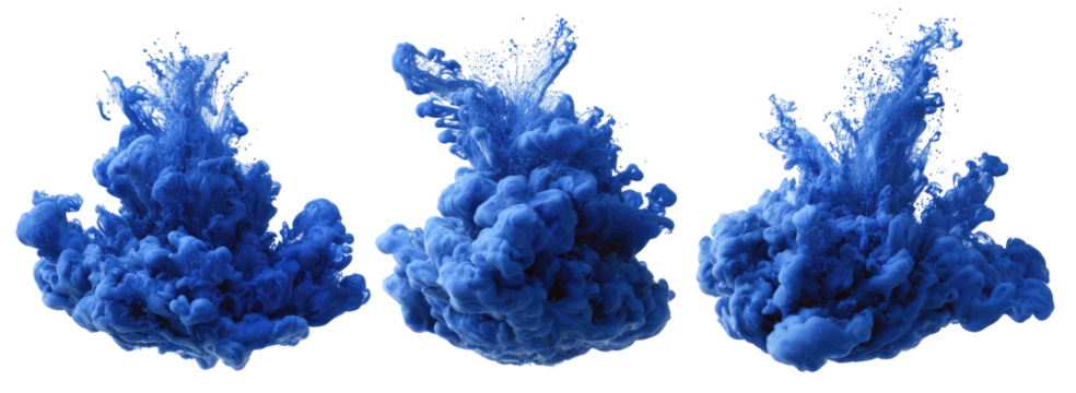 Three vibrant, swirling clouds of deep blue ink