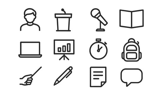 Presentation Skills Icons. Presentation skills practice. Line outline icon set of presentation skills practice