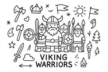 Viking Warrior Doodles. Viking warriors. Hand-drawn doodle illustration of Viking warriors. In the middle, one