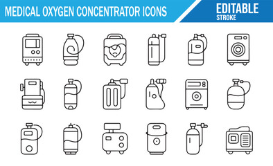 Portable Medical Oxygen Concentrator Icons – Editable Stroke Vector Set for Healthcare and Respiratory Devices