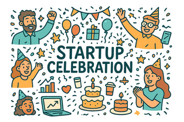 Fototapeta premium Startup Party Doodle. Startup Celebration. Hand-drawn doodle illustration of startup celebration. Team members