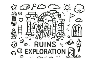 Ruins Exploration Doodle. Ruins exploration. Hand-drawn doodle illustration of ruins exploration. In the