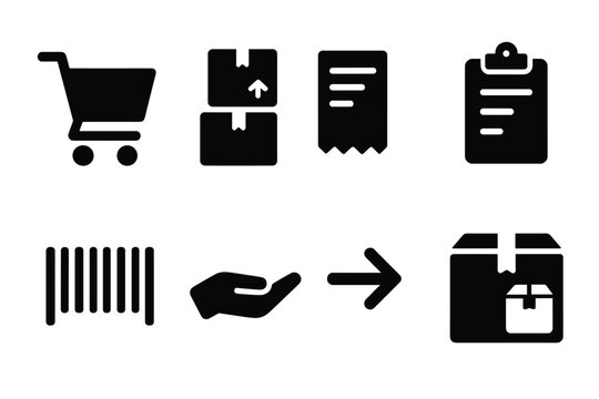 Retail Icons Set. Retail operations. Filled icon set of retail operations: shopping cart, boxes, receipt,
