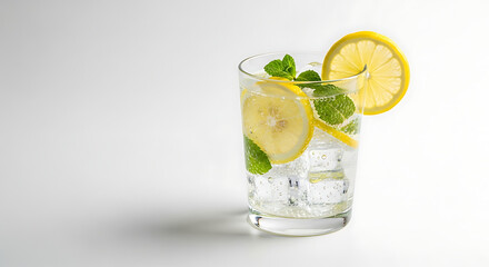 A refreshing glass of water with lemon slices and mint leaves on a plain white background surface