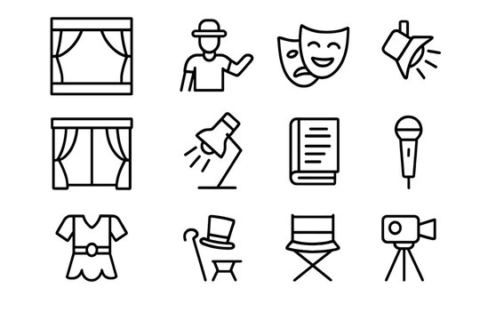 Drama Workshop Icons. Drama workshop. Line outline icon set of drama workshop: stage, actor, mask, curtain,