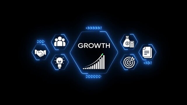 Business growth concept with icons for success strategy teamwork innovation finance and achievement digital interface with neon blue highlights and dark background