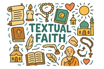 Textual Faith Doodle. Textual Faith. Hand-drawn doodle illustration of textual faith. Scroll, Bible, Quran,