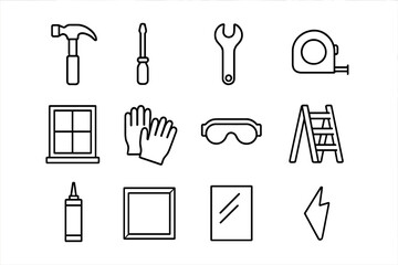 DIY Tool Icons. DIY home repair. Line outline icon set of DIY home repair: hammer, screwdriver, wrench, tape