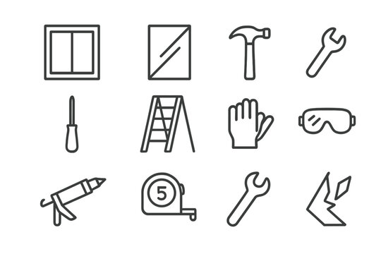 Window Installation Icons. Window installation. Line outline icon set of window installation: window, glass