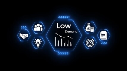 Futuristic digital interface displaying low demand concept with declining graph icons for business finance economy market trends and economic downturn analysis - Powered by Adobe