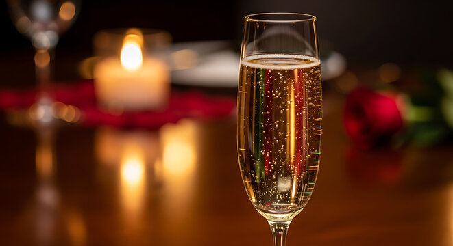 A champagne flute with bubbles next to a candle and a rose on a dark wooden surface in soft lighting - Powered by Adobe