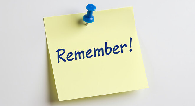 Yellow sticky note with the word remember written on it isolated on white background