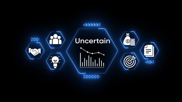 Uncertain business economy financial crisis downward trend graph with icons for teamwork investment idea target and document on dark background digital technology concept