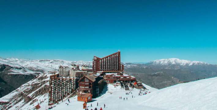 Snow-covered mountains and ski resort scenery in Valle Nevado, Chile, located near Santiago
