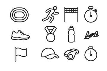 Athletic Meet Icons. Athletic meet. Line outline icon set of athletic meet: track, runner, finish line,