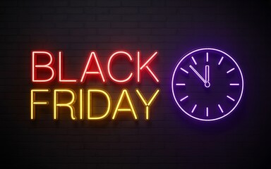 Obraz premium Black Friday Neon Sign with Glowing Clock on Dark Brick Wall Background