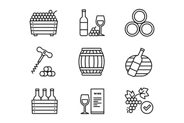 Naklejka premium A collection of line art icons representing wine production, from grapes to bottles and barrels.