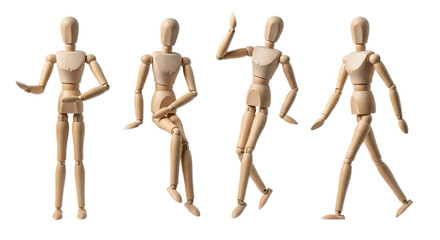 Four wooden mannequins in different poses isolated on a black background representing movement and creativity