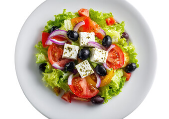 Overhead view of a vibrant Greek salad