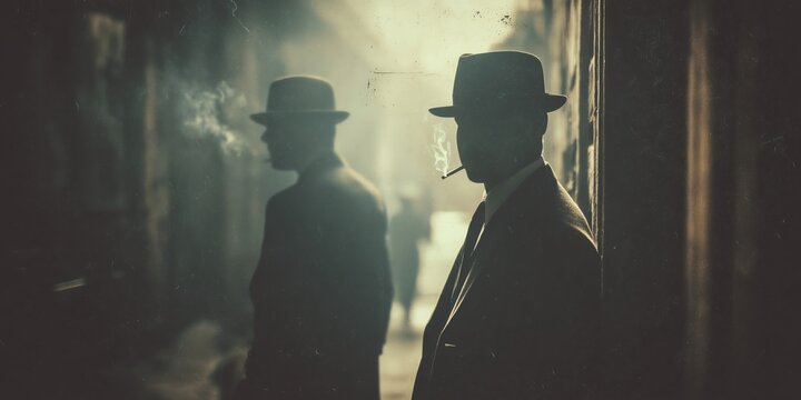 A shadowy silhouetted, mafia gangsters, two men in fedoras walk through a foggy alley, exuding vintage suspense and intrigue.The image evokes intrigue, nostalgia, and classic noir atmosphere.