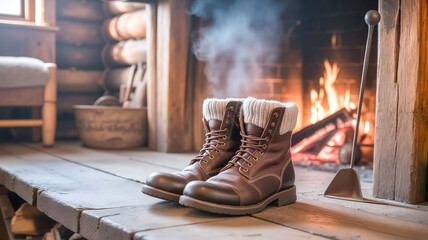 Warm leather boots resting by the fireplace in a cozy winter cabin  