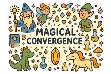 Fototapeta premium Magical Fantasy Gathering. Magical Convergence. Hand-drawn doodle illustration of magical convergence. Wizards
