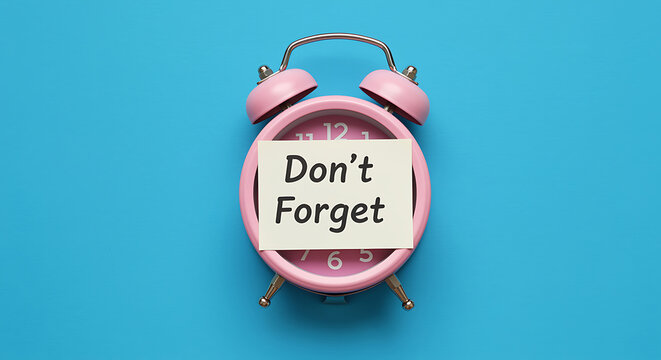 Pink alarm clock with a note that says dont forget on a blue background