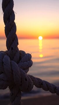 Close up of a knotted rope with a soft sunset background