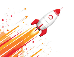 A stylized rocket blasts off into a fiery, dynamic backdrop